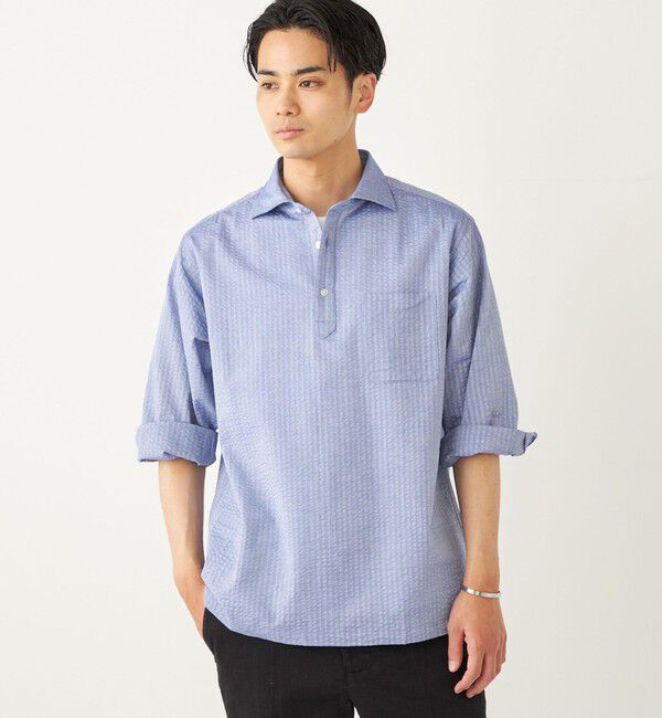 SHIPS Colors 「SHIPS Colors:〈洗濯機可能〉シアーサッカー スキッパー 7分袖 シャツ」|シャツ・ブラウス|ネイビー