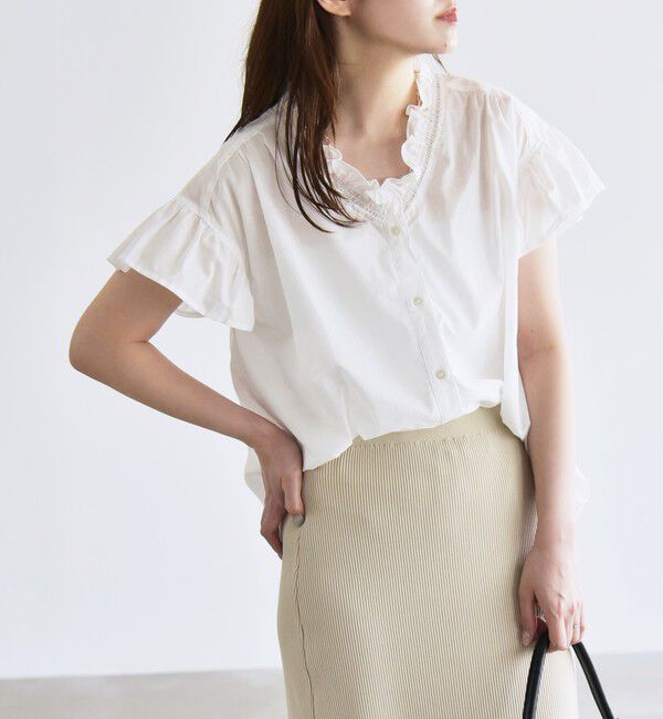quaranciel「quaranciel:〈手洗い可能〉コットン フリルネック フレアスリーブ ブラウス」|シャツ・ブラウス|