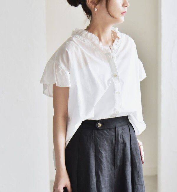 quaranciel「quaranciel:〈手洗い可能〉コットン フリルネック フレアスリーブ ブラウス」|シャツ・ブラウス|