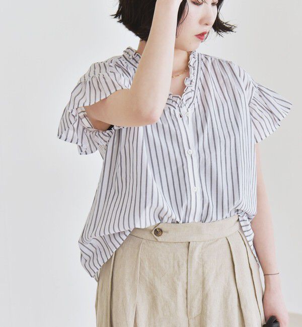 quaranciel「quaranciel:〈手洗い可能〉コットン フリルネック フレアスリーブ ブラウス」|シャツ・ブラウス|グレー