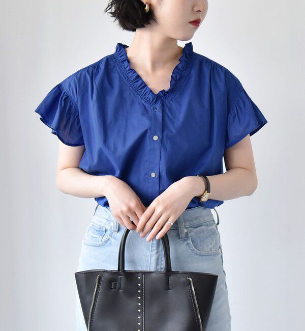 quaranciel「quaranciel:〈手洗い可能〉コットン フリルネック フレアスリーブ ブラウス」|シャツ・ブラウス|ブルー