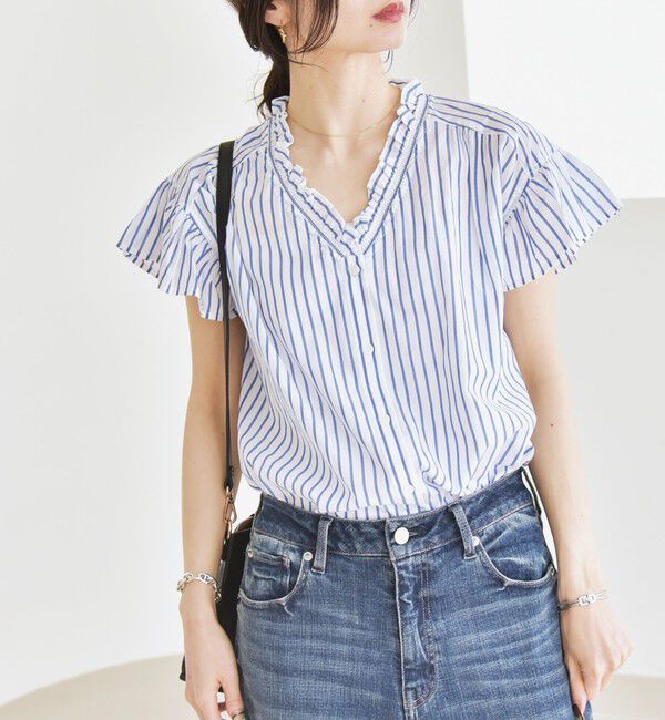 quaranciel「quaranciel:〈手洗い可能〉コットン フリルネック フレアスリーブ ブラウス」|シャツ・ブラウス|
