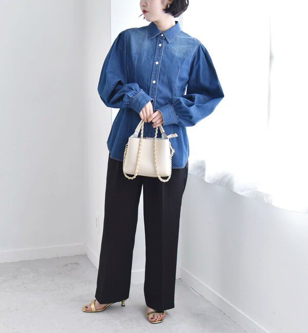 quaranciel「quaranciel:〈洗濯機可能〉デニム ボリュームスリーブ ウエストシェイプ シャツ」|シャツ・ブラウス|