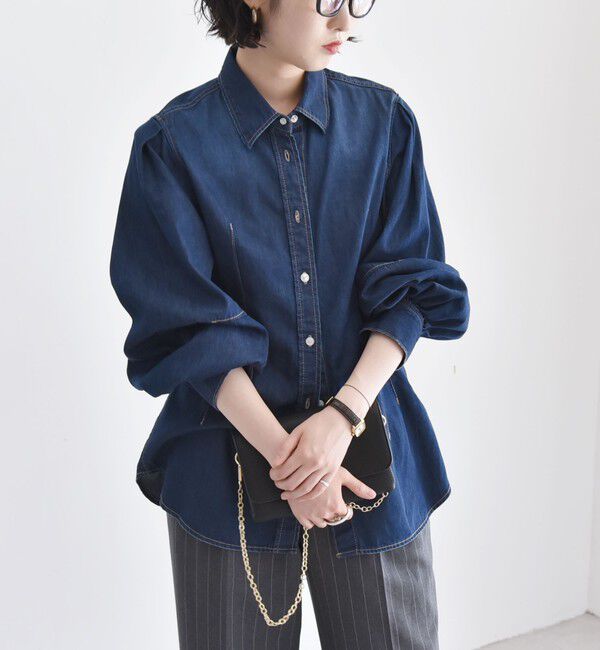quaranciel「quaranciel:〈洗濯機可能〉デニム ボリュームスリーブ ウエストシェイプ シャツ」|シャツ・ブラウス|