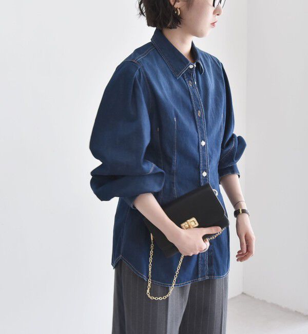 quaranciel「quaranciel:〈洗濯機可能〉デニム ボリュームスリーブ ウエストシェイプ シャツ」|シャツ・ブラウス|