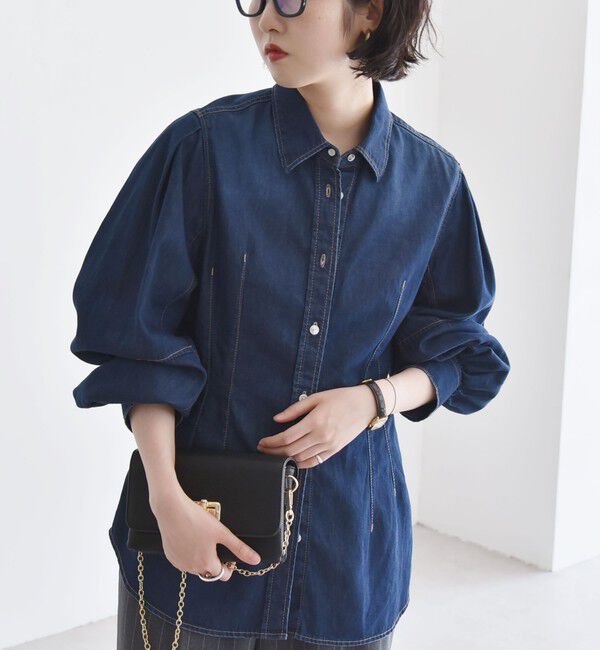 quaranciel「quaranciel:〈洗濯機可能〉デニム ボリュームスリーブ ウエストシェイプ シャツ」|シャツ・ブラウス|