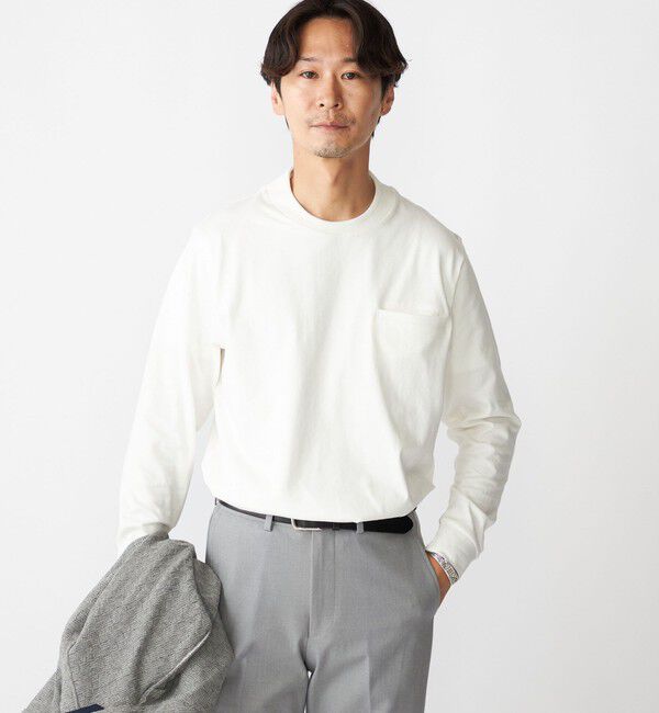 SHIPS「【WEB限定】SHIPS:〈抗菌・防臭〉テレワーク ビズ ワンポイントロゴ クルーネック長袖Tシャツ」|Tシャツ・カットソー|ホワイト