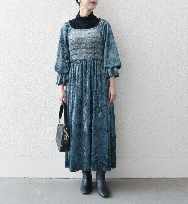 SHIPS any「bon_meur:〈手洗い可能〉クラッシュ ベロア シャーリング ワンピース」|ワンピース|ブルー