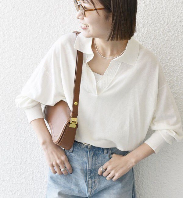 SHIPS any「SHIPS any:〈UVカット/手洗い可能〉シアー スキッパー ニット ポロシャツ」|Tシャツ・カットソー|ホワイト