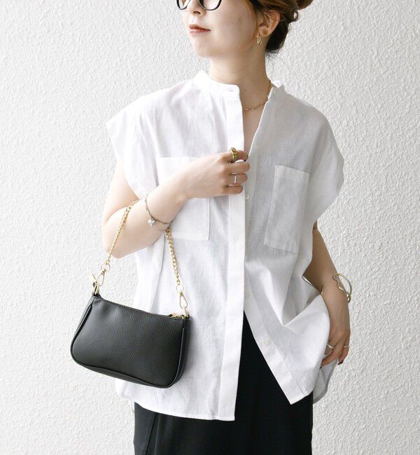 SHIPS any「SHIPS any:〈洗濯機可能〉リネン コットン バンドカラー フレンチスリーブ ポケット シャツ」|シャツ・ブラウス|