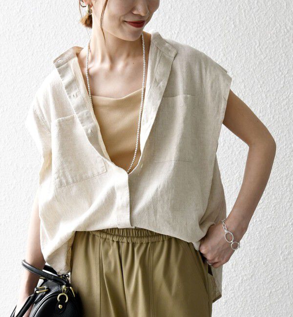 SHIPS any「SHIPS any:〈洗濯機可能〉リネン コットン バンドカラー フレンチスリーブ ポケット シャツ」|シャツ・ブラウス|