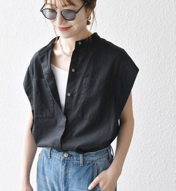 SHIPS any「SHIPS any:〈洗濯機可能〉リネン コットン バンドカラー フレンチスリーブ ポケット シャツ」|シャツ・ブラウス|