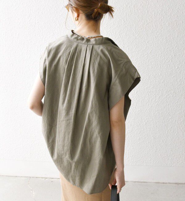 SHIPS any「SHIPS any:〈洗濯機可能〉リネン コットン バンドカラー フレンチスリーブ ポケット シャツ」|シャツ・ブラウス|