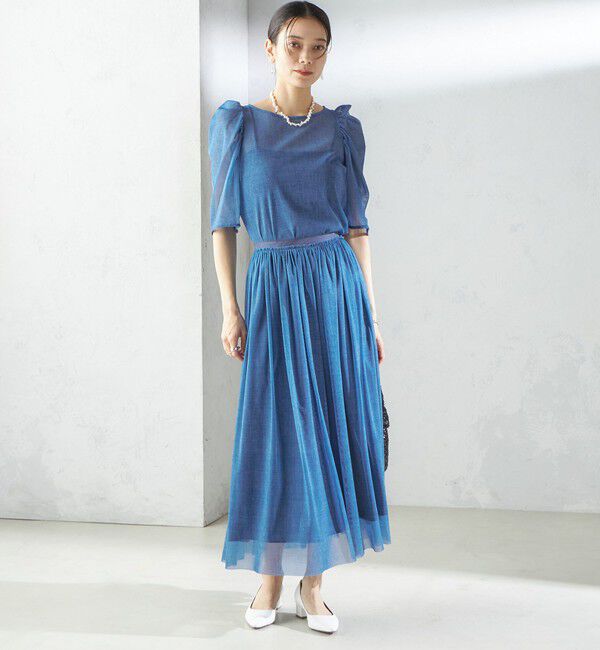 SHIPS for women「troisiemeCHACO:〈手洗い可能〉デニム プリント チュール ブラウス」|シャツ・ブラウス|