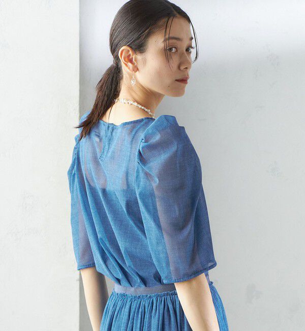 SHIPS for women「troisiemeCHACO:〈手洗い可能〉デニム プリント チュール ブラウス」|シャツ・ブラウス|