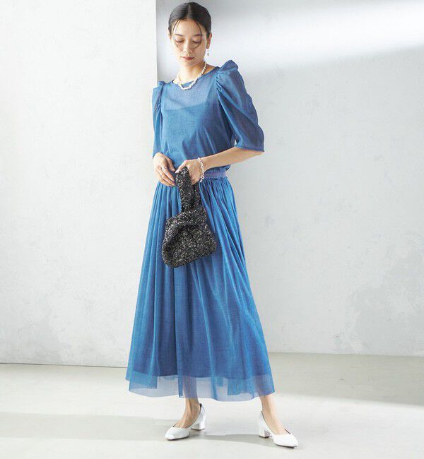 SHIPS for women「troisiemeCHACO:〈手洗い可能〉デニム プリント チュール ブラウス」|シャツ・ブラウス|