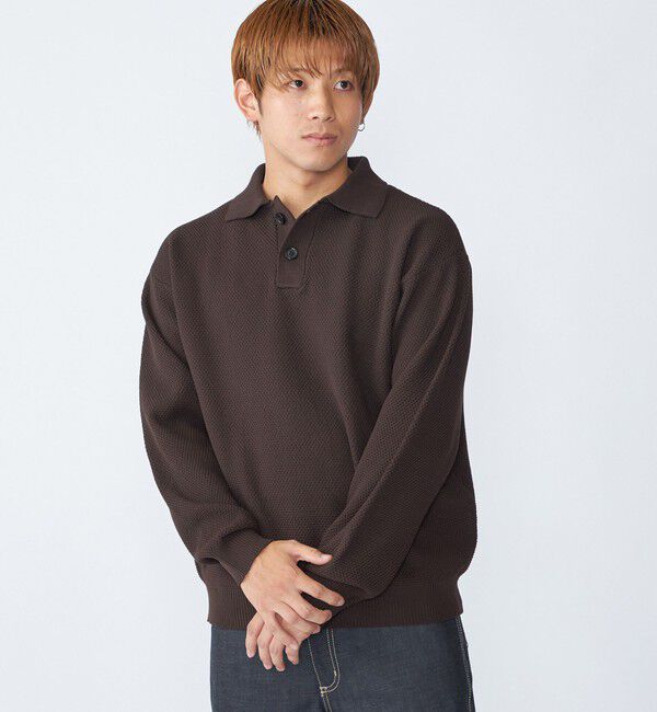 SHIPS「City Ambient Products:〈手洗い可能〉ポリエステル メッシュ ニット ポロ ロングスリーブ」|ニット・セーター|ブラウン