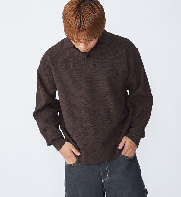 SHIPS「City Ambient Products:〈手洗い可能〉ポリエステル メッシュ ニット ポロ ロングスリーブ」|ニット・セーター|