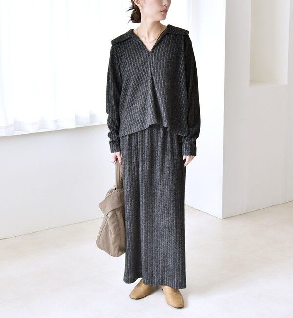 quaranciel「《予約》quaranciel:〈手洗い可能〉ポリエステル ベロア スキッパー ニット &  Iライン スカート」|ワンピース|