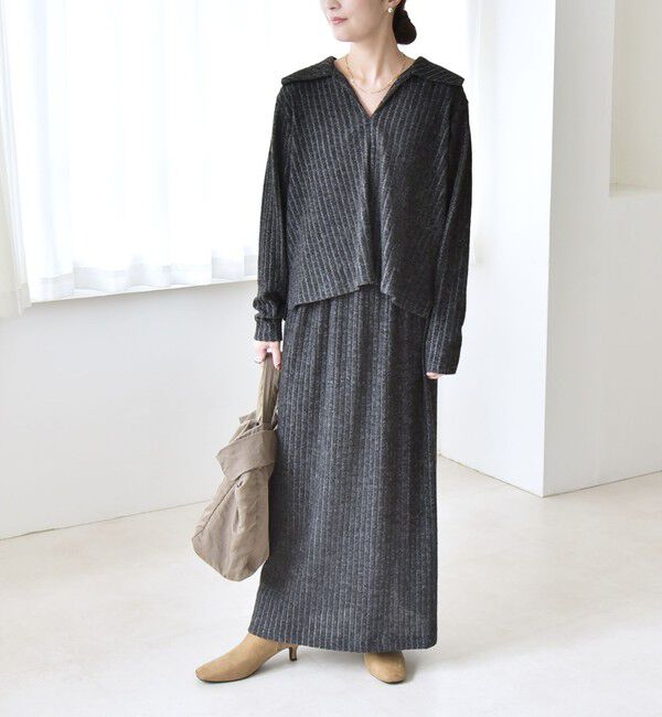 quaranciel「《予約》quaranciel:〈手洗い可能〉ポリエステル ベロア スキッパー ニット &  Iライン スカート」|ワンピース|