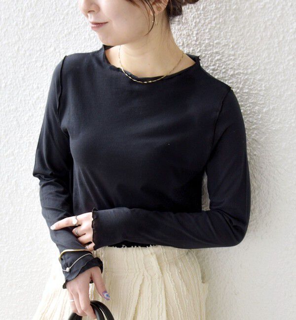 SHIPS any「《予約》SHIPS any:〈手洗い可能〉シアー コットン ボトルネック ロングスリーブ TEE」|Tシャツ・カットソー|ブラック