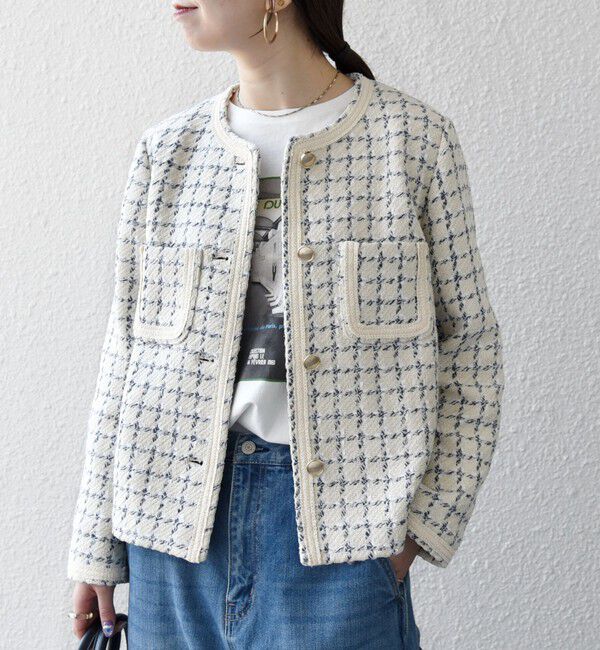 SHIPS any「《予約》SHIPS any: ツイード  パイピング ノーカラー ジャケット」|ノーカラージャケット|