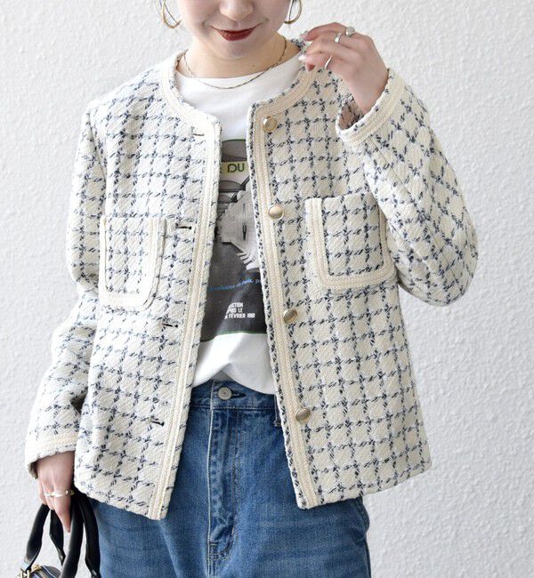 SHIPS any「《予約》SHIPS any: ツイード  パイピング ノーカラー ジャケット」|ノーカラージャケット|