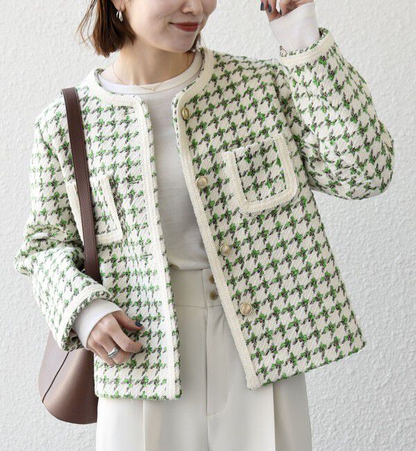 SHIPS any「《予約》SHIPS any: ツイード  パイピング ノーカラー ジャケット」|ノーカラージャケット|グリーン