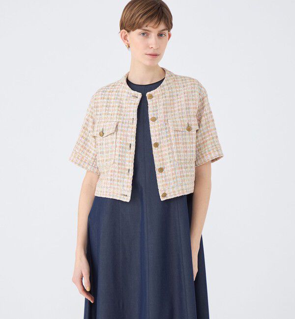 TOMORROWLAND collection「ベージュファンシー ハーフスリーブジャケット」|ノーカラージャケット|