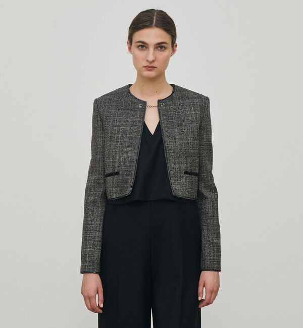 DES PRES「ウールリネンツイード クロップドジャケット」|ノーカラージャケット|