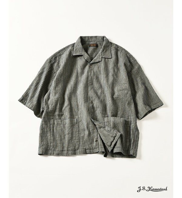 J.S.Homestead「J.S.Homestead / ミニ チェック リラックス オープン カラー シャツ」|シャツ・ブラウス|グリーン B