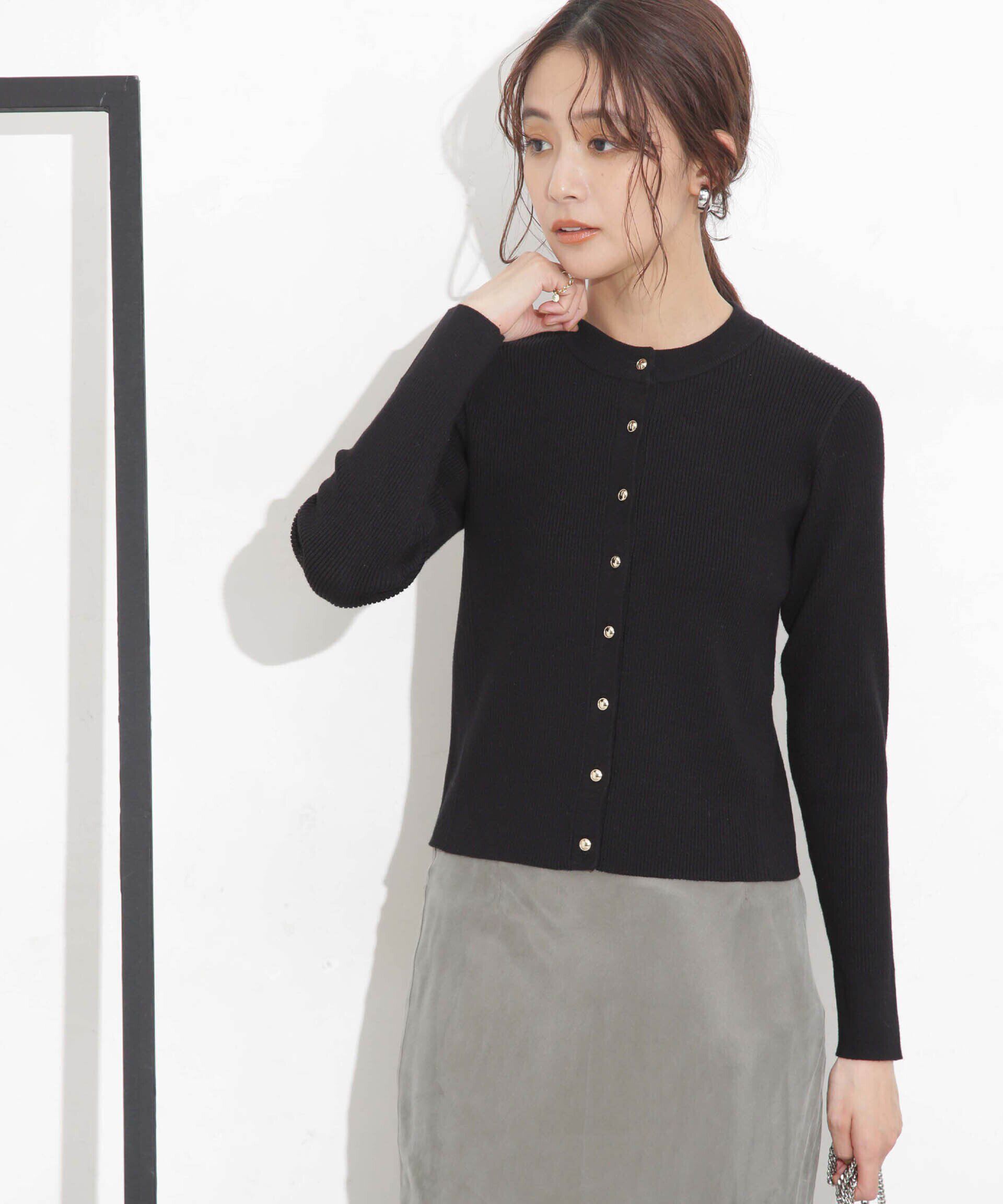 nano･universe「椿オイル加工リブカーディガン」|ニット・セーター|ブラック