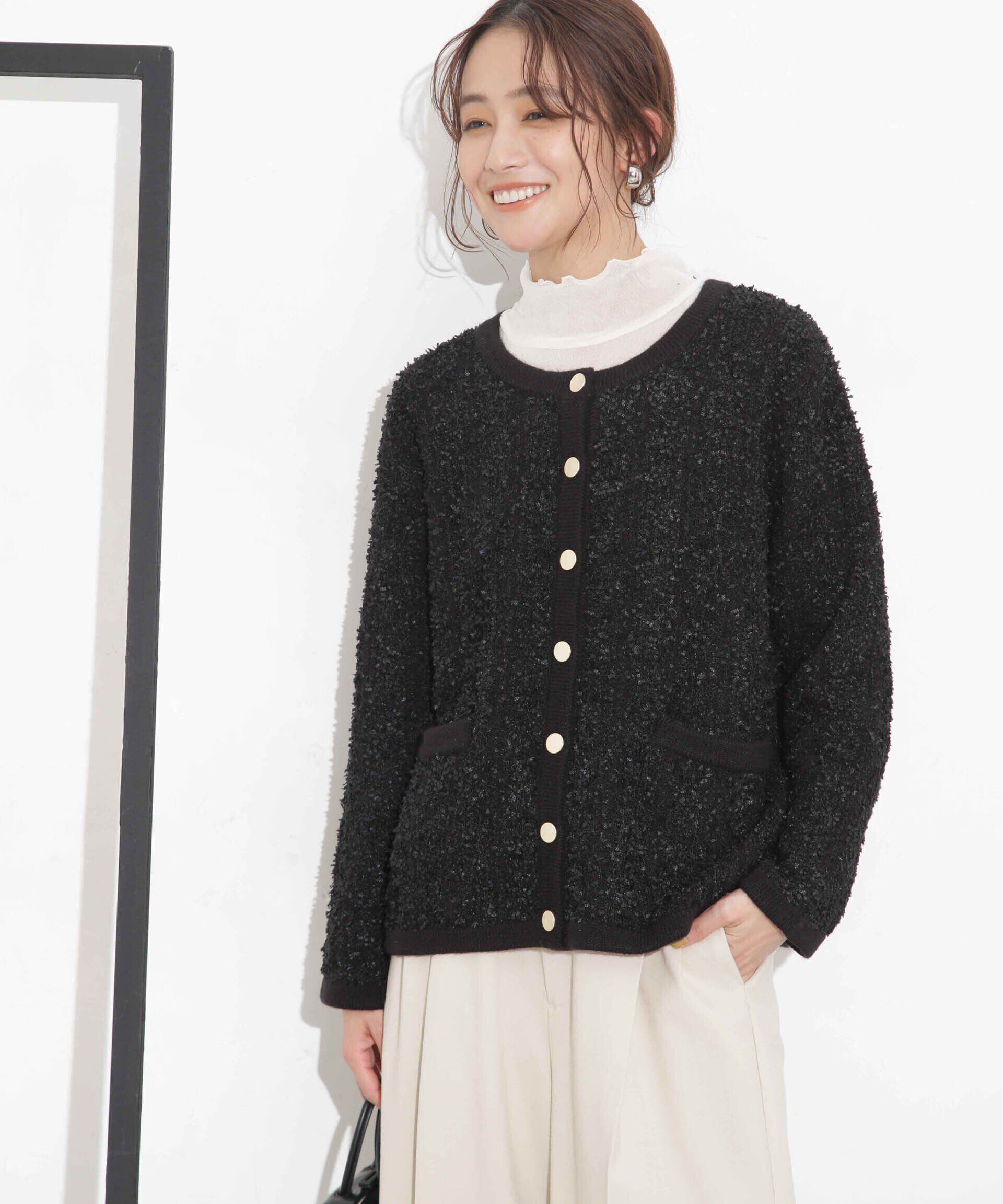 nano･universe「ツイードニットジャケットカーディガン」|ニット・セーター|ブラック