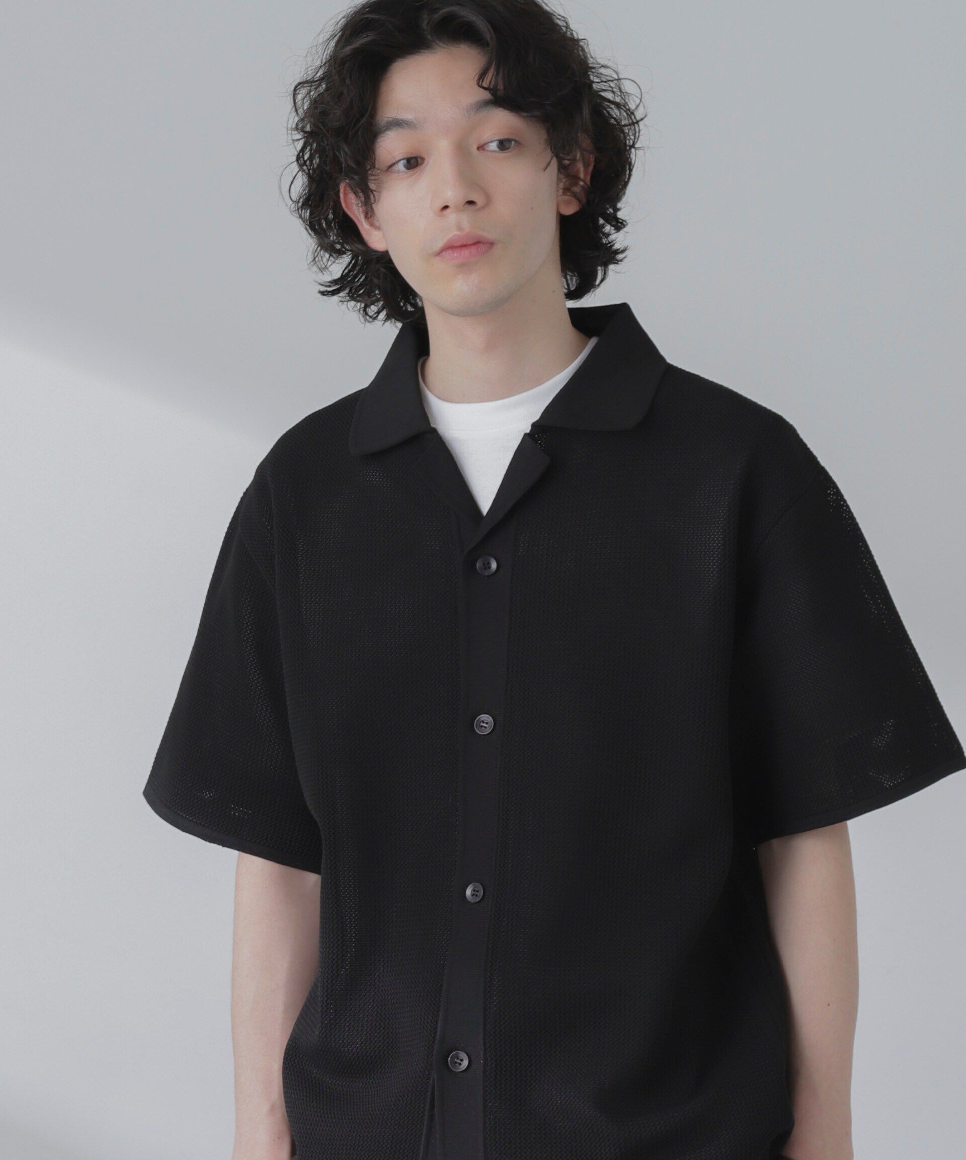 nano･universe「ポリメッシュリラックスオープンカラーニットシャツ」|ニット・セーター|ブラック