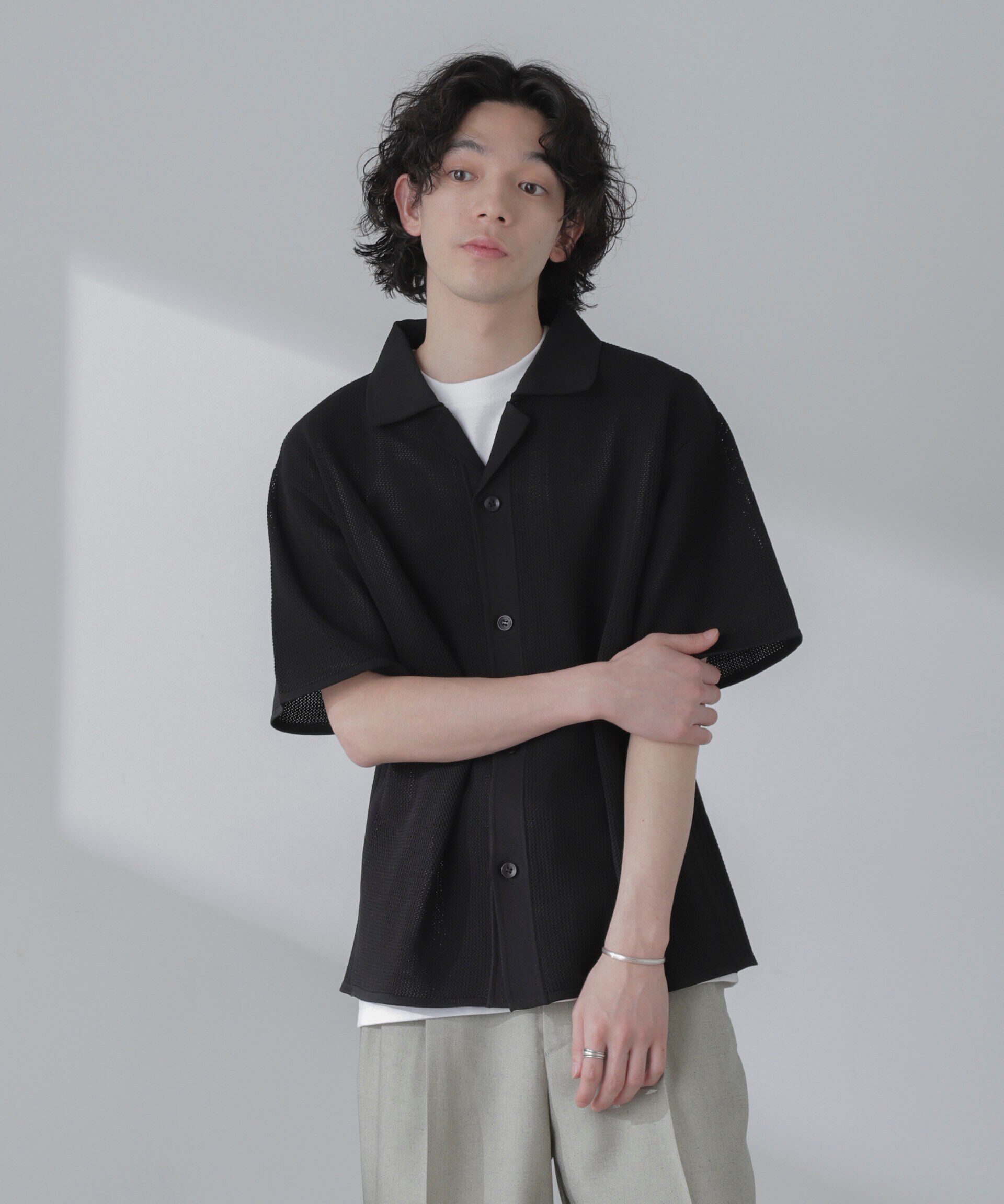 nano･universe「ポリメッシュリラックスオープンカラーニットシャツ」|ニット・セーター|