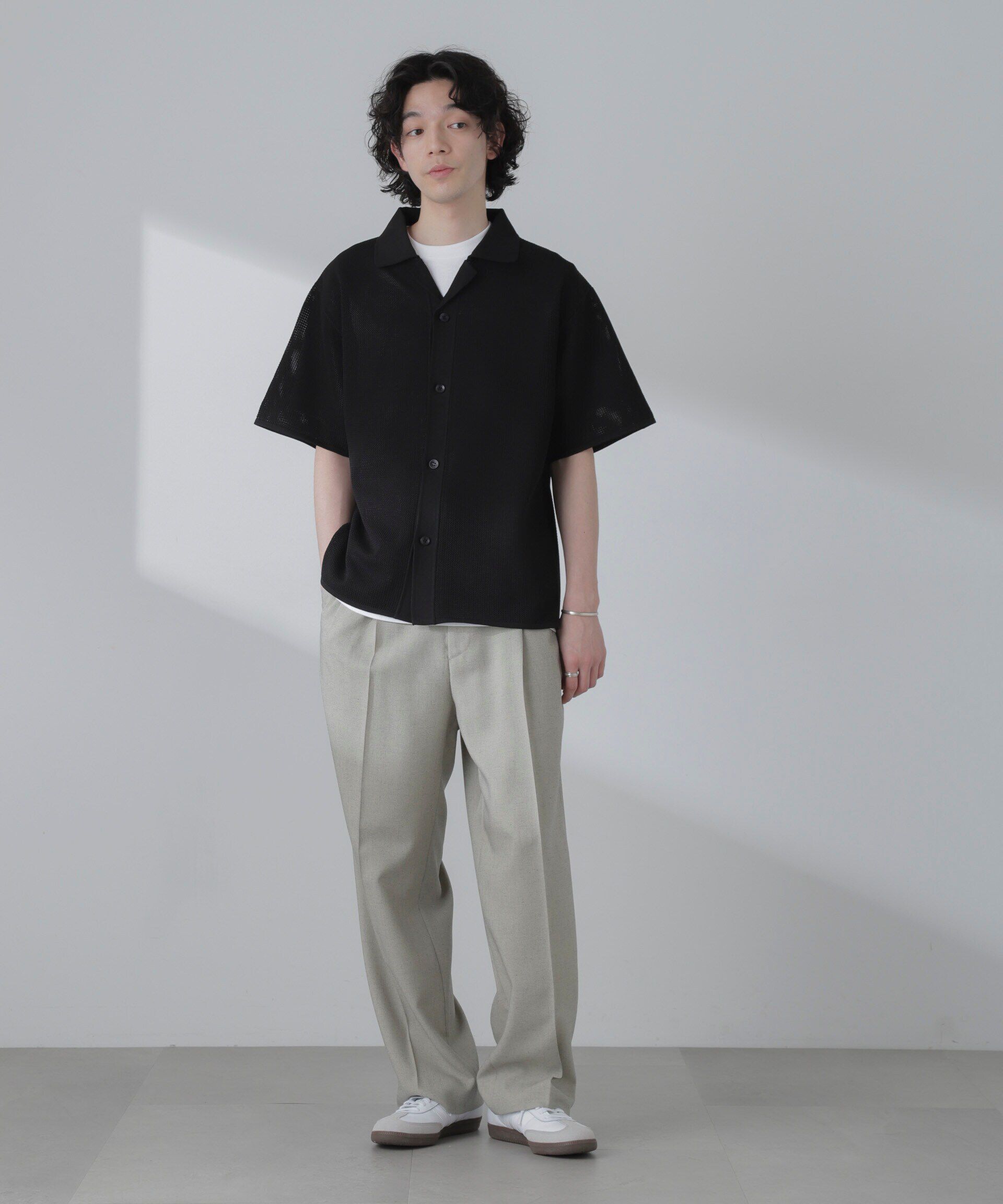 nano･universe「ポリメッシュリラックスオープンカラーニットシャツ」|ニット・セーター|