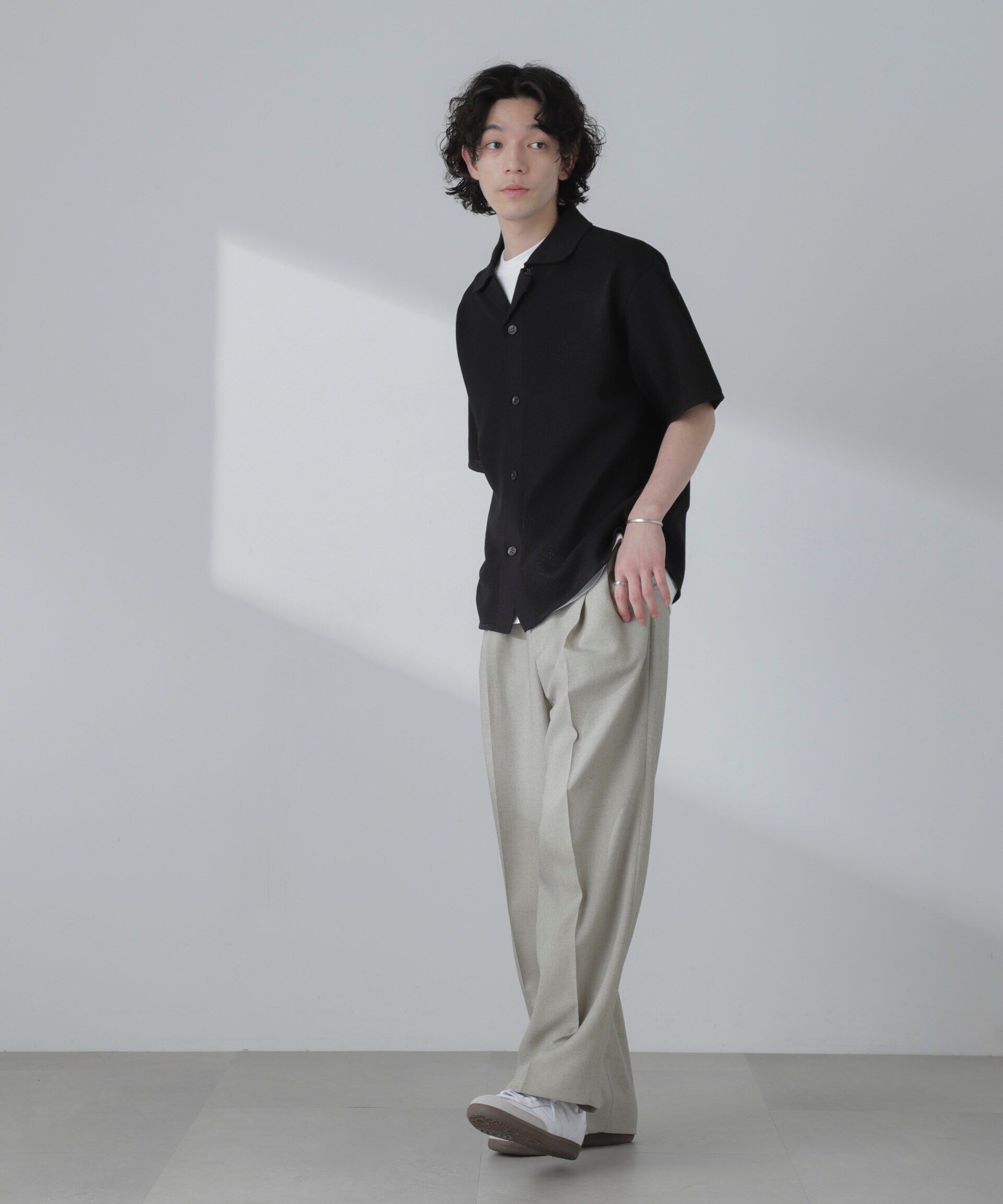 nano･universe「ポリメッシュリラックスオープンカラーニットシャツ」|ニット・セーター|