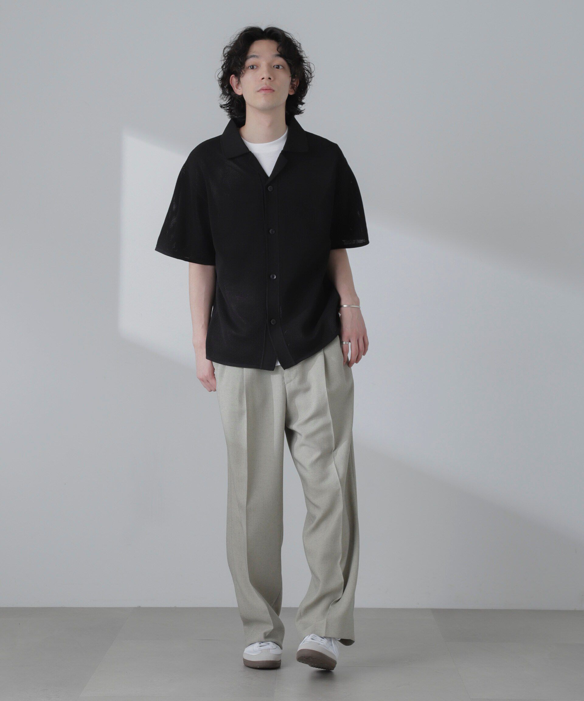 nano･universe「ポリメッシュリラックスオープンカラーニットシャツ」|ニット・セーター|