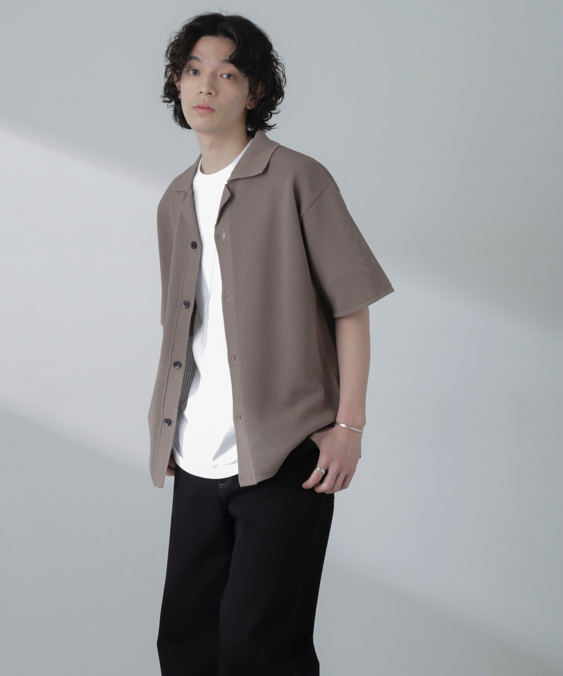 nano･universe「ポリメッシュリラックスオープンカラーニットシャツ」|ニット・セーター|グレージュ3