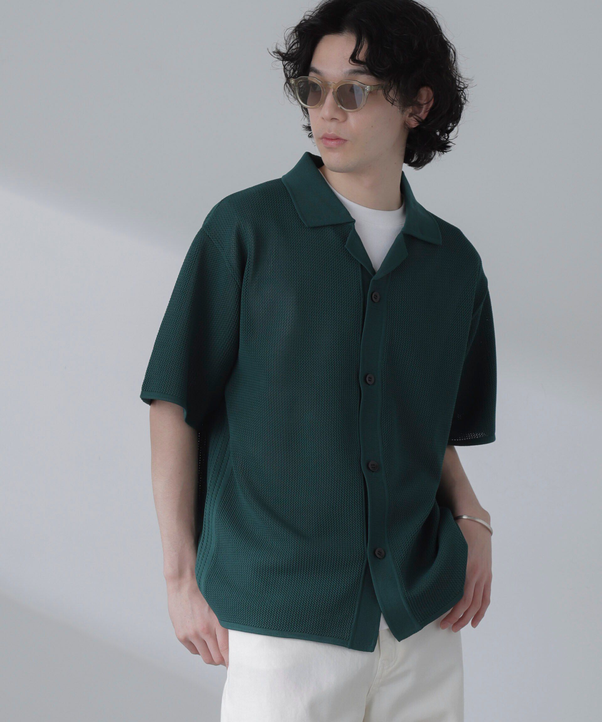 nano･universe「ポリメッシュリラックスオープンカラーニットシャツ」|ニット・セーター|グリーン