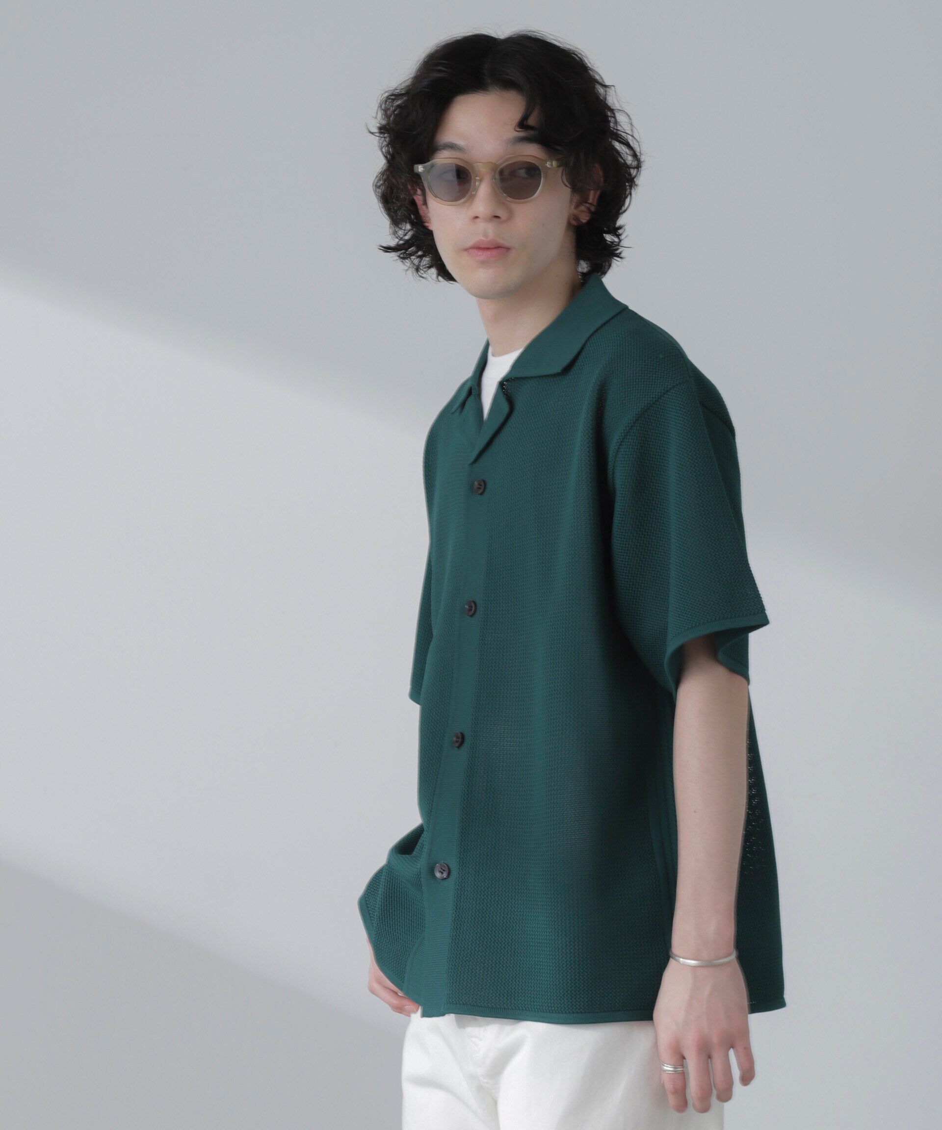 nano･universe「ポリメッシュリラックスオープンカラーニットシャツ」|ニット・セーター|