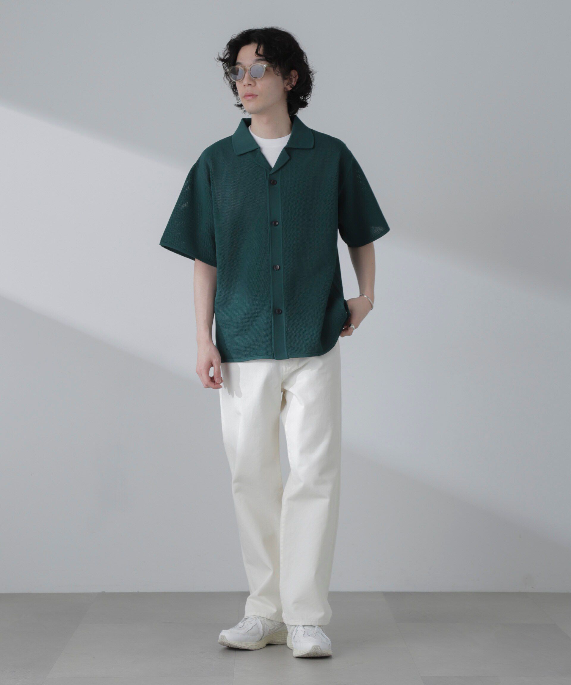 nano･universe「ポリメッシュリラックスオープンカラーニットシャツ」|ニット・セーター|