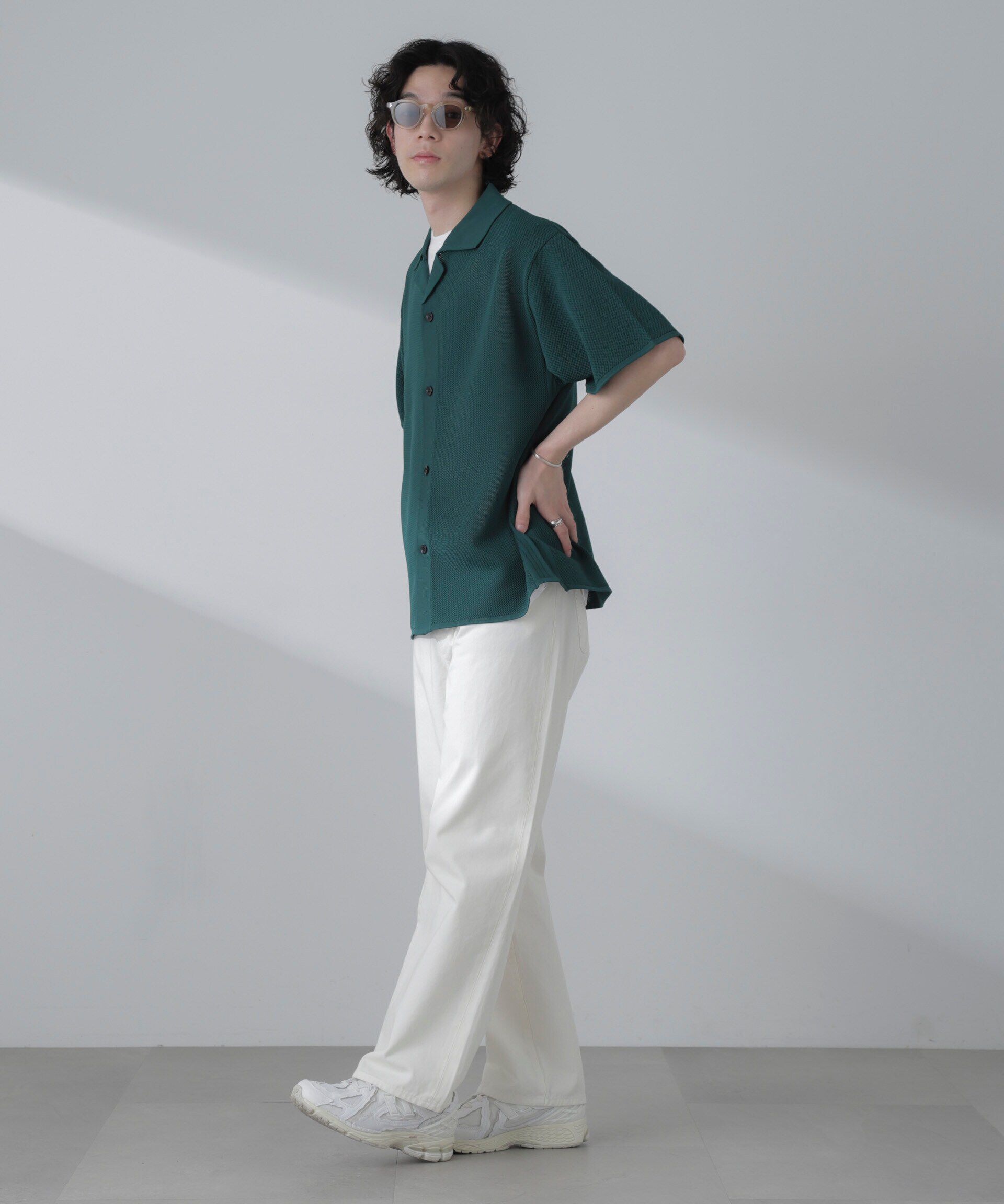 nano･universe「ポリメッシュリラックスオープンカラーニットシャツ」|ニット・セーター|