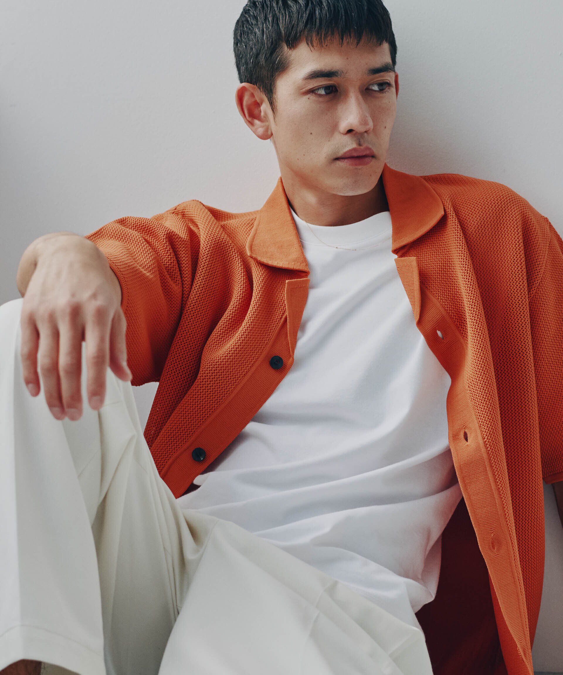 nano･universe「ポリメッシュリラックスオープンカラーニットシャツ」|ニット・セーター|オレンジ