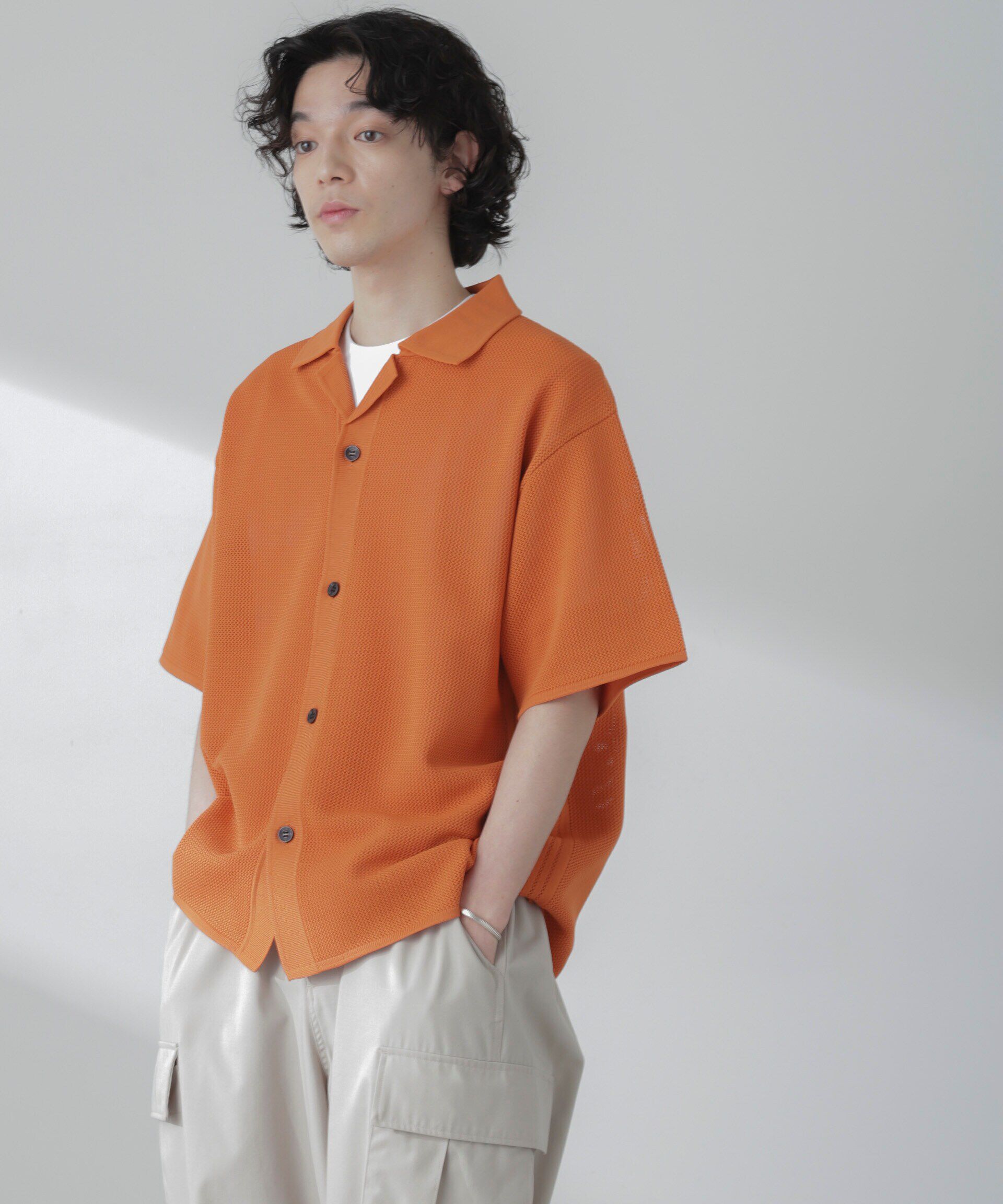 nano･universe「ポリメッシュリラックスオープンカラーニットシャツ」|ニット・セーター|