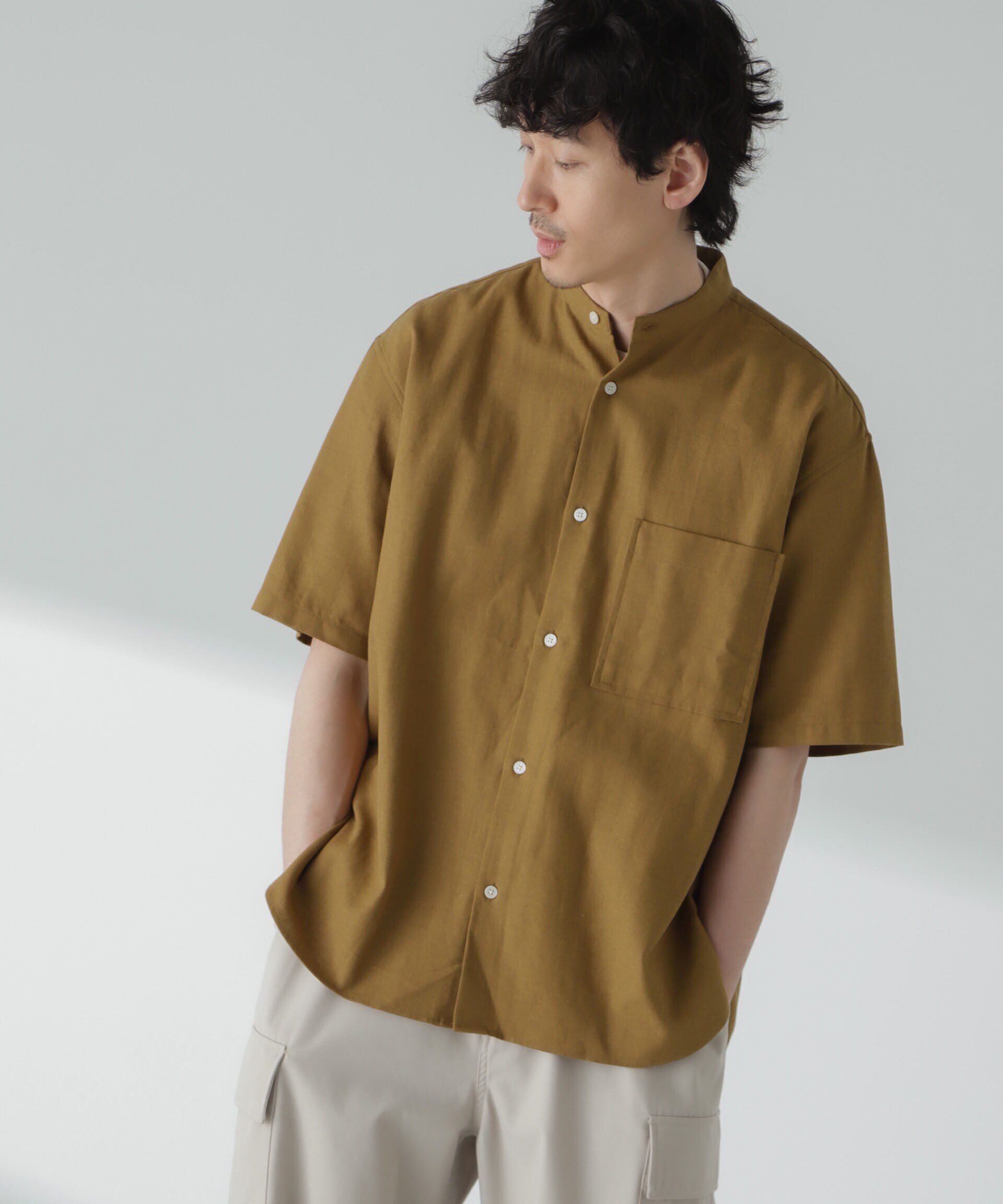 nano･universe「リネンコットンヘリンボーンバンドカラーシャツ」|シャツ・ブラウス|