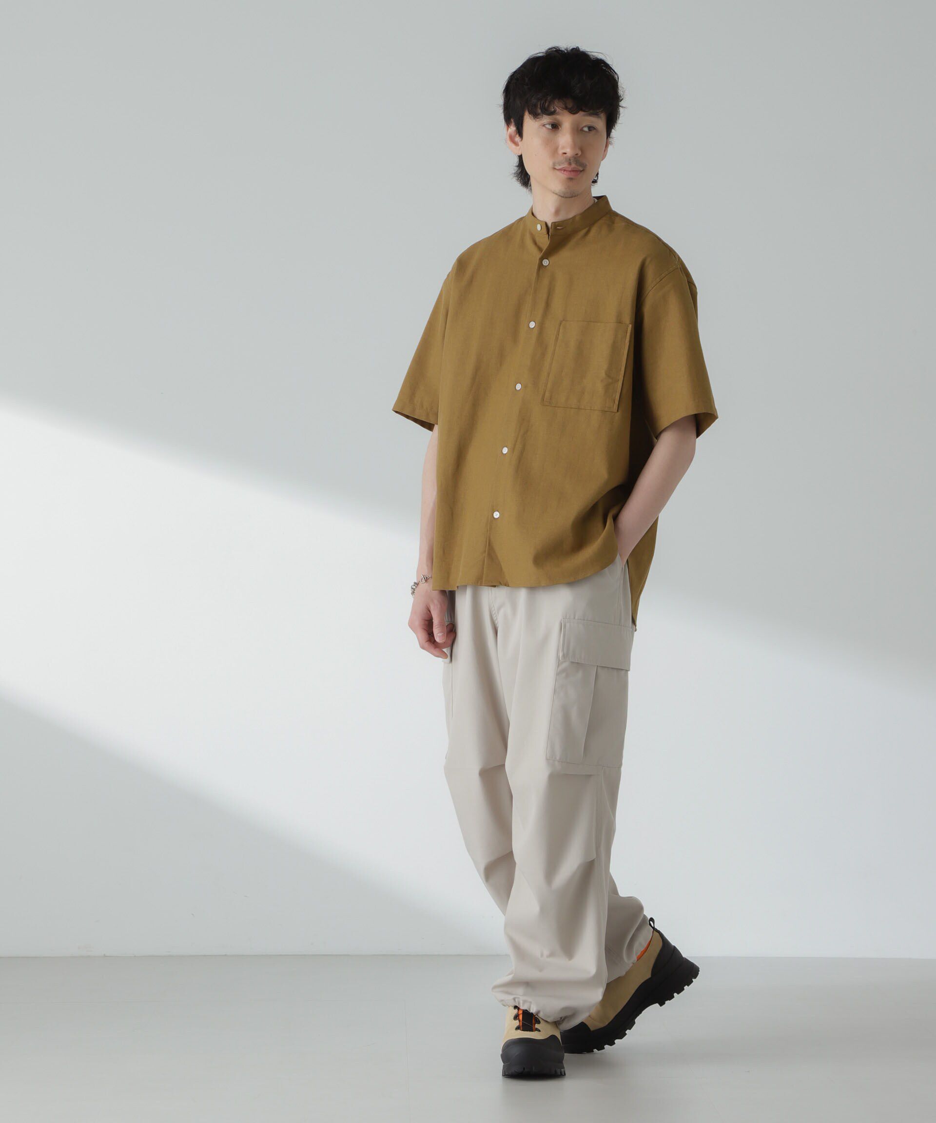 nano･universe「リネンコットンヘリンボーンバンドカラーシャツ」|シャツ・ブラウス|