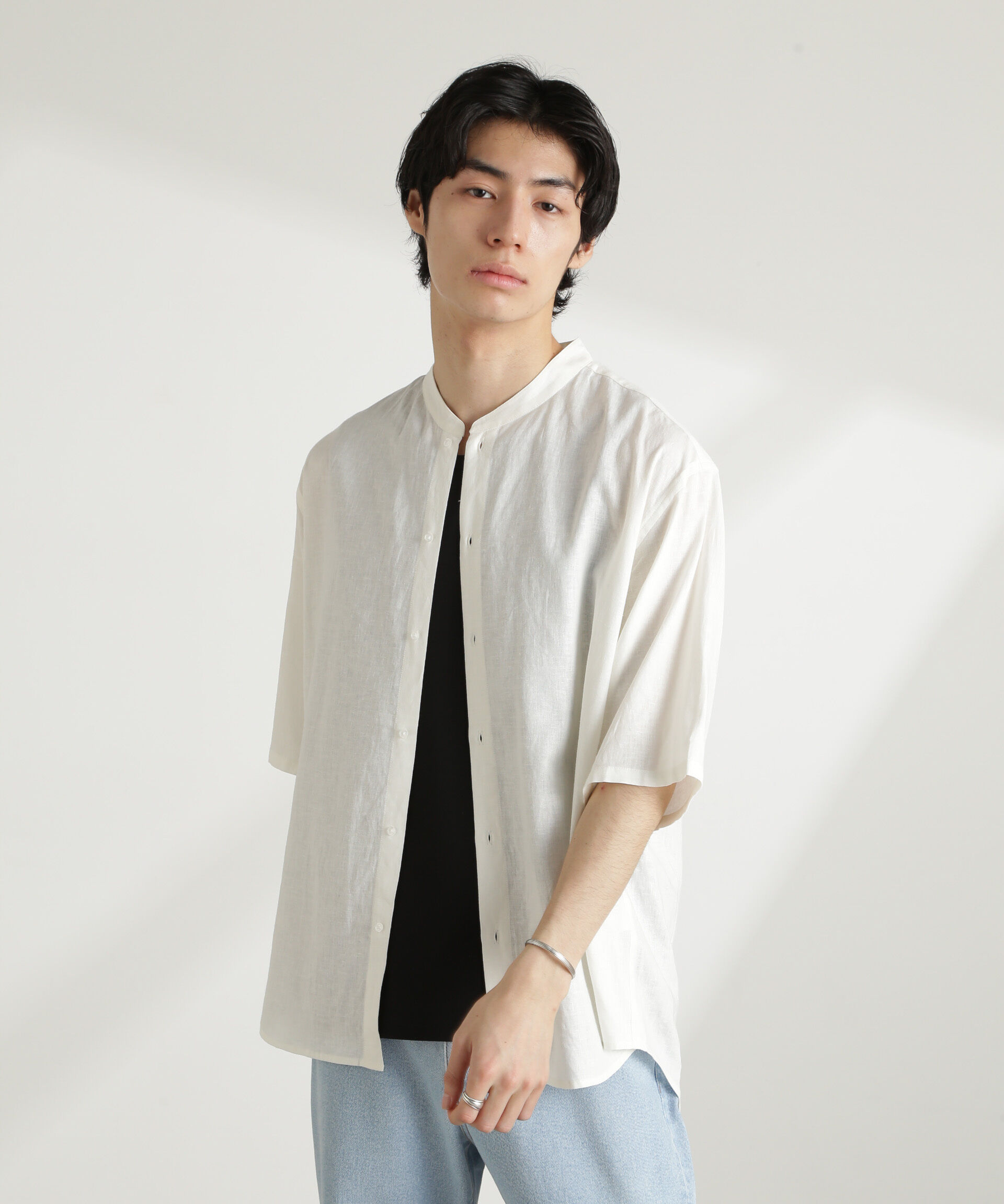 nano･universe「アンチスメルリネン バンドカラーシャツ 半袖」|シャツ・ブラウス|ホワイト