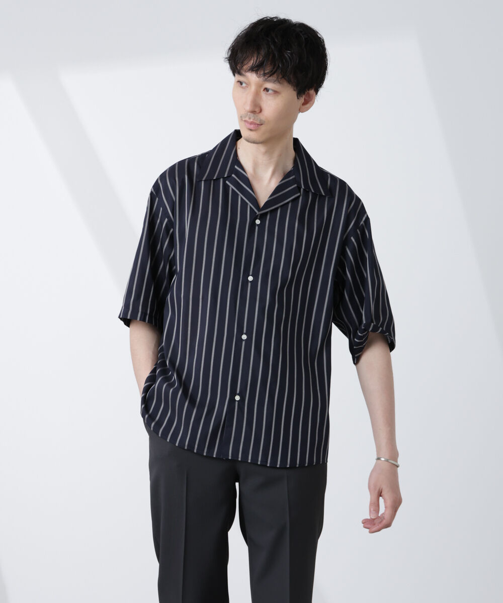 nano･universe「「大人のワイドシャツ」ストライプオープンカラー半袖シャツ」|シャツ・ブラウス|