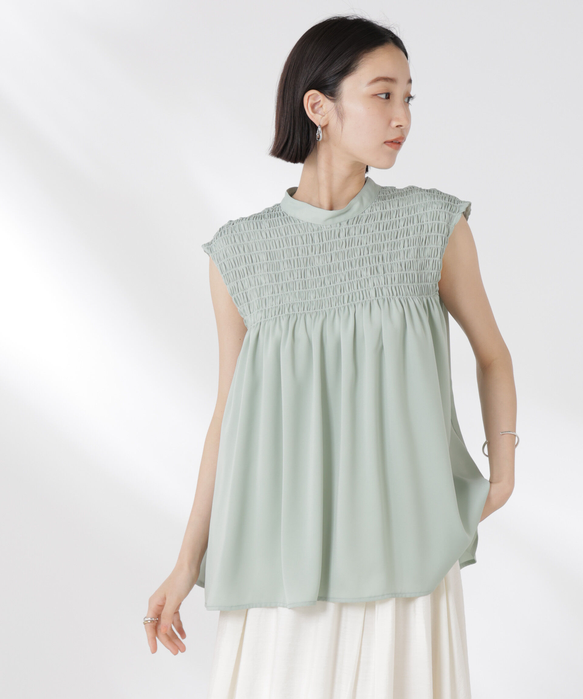 nano･universe「フロントシャーリングノースリーブブラウス」|シャツ・ブラウス|ミント2